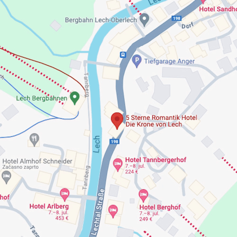 Zentral gelegenes Hotel Karte von Lech mit markierten Hotels und Umgebung.